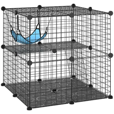 2-Tier Cat Cage with Hammock 70cm &ndash; Black, Blue