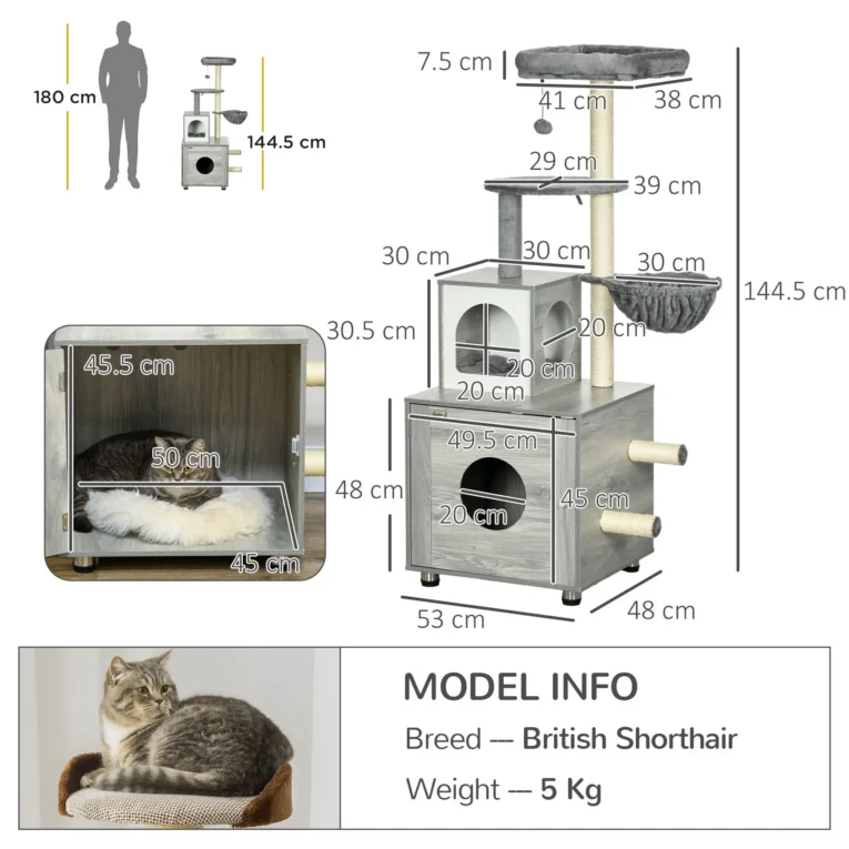 Enclosed Cat Litter Box with House and Scratching Posts – Grey and beige Enclosed Cat Litter Box with House and Scratching Posts – Grey and beige