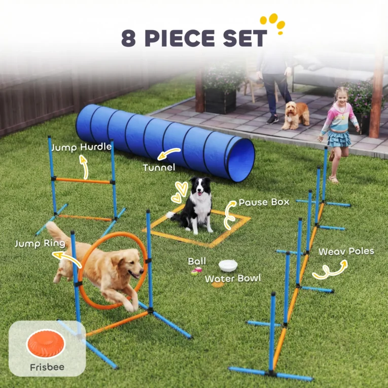 Eight-Piece Dog Agility Set with Tunnel, Weave Poles and Jumps Eight-Piece Dog Agility Set with Tunnel, Weave Poles and Jumps