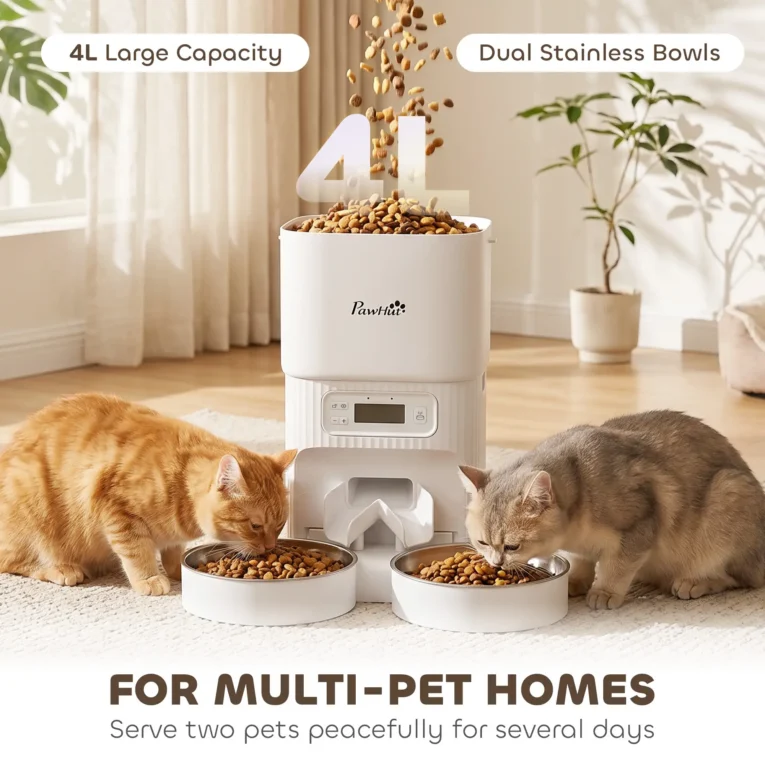 Automatic Cat Feeder Stainless Steel Bowls Pet Food – White, Black Transparent