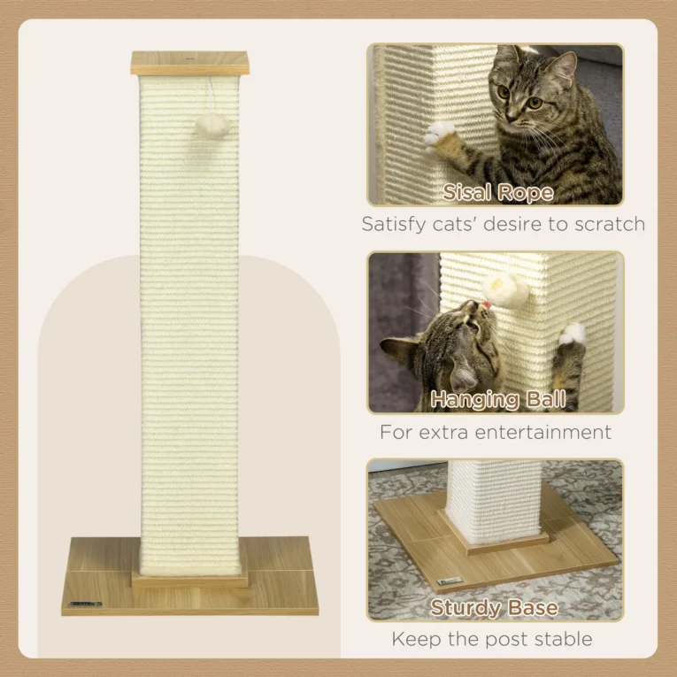 Sisal Cat Scratching Post with Toy – Oak and Cream, 80cm