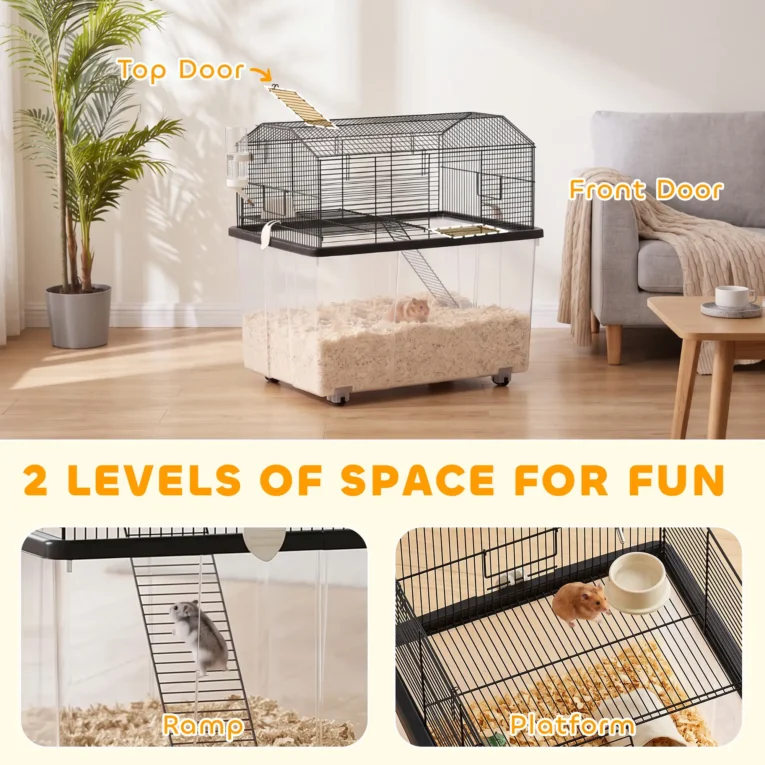 Two-Tier Hamster Cage with Wheels and Deep Bottom – Black