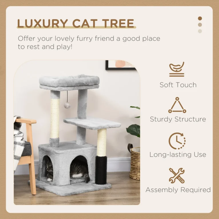 Cat Tower with Washable Top Bed – Light Grey, 85cm