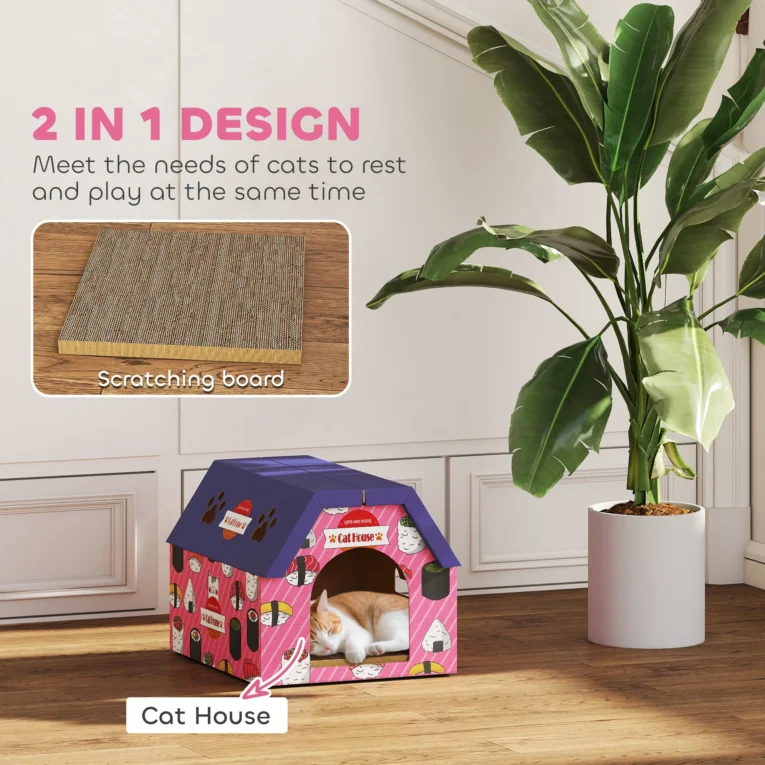 Cardboard Cat Hideaway with Scratching Base – Pink and Purple