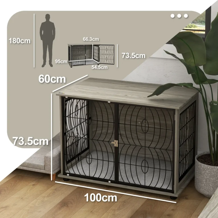 Large Dog Crate Side Table with Cushion – Grey Wood Effect, 100cm