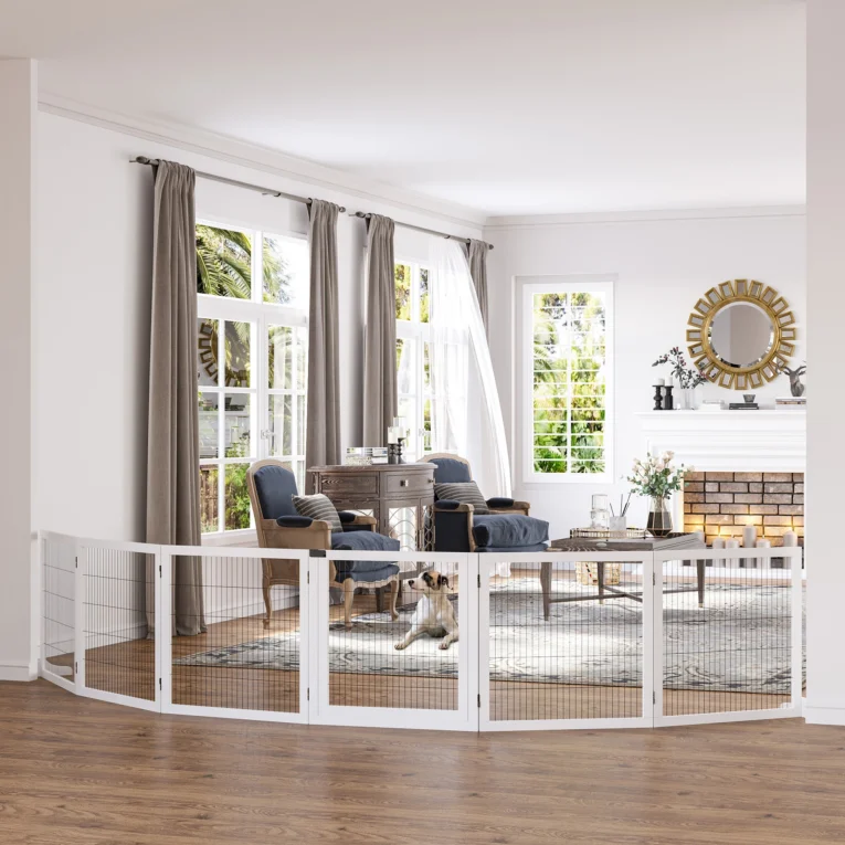 Six-Panel Folding Wooden Pet Gate – White, 70cm