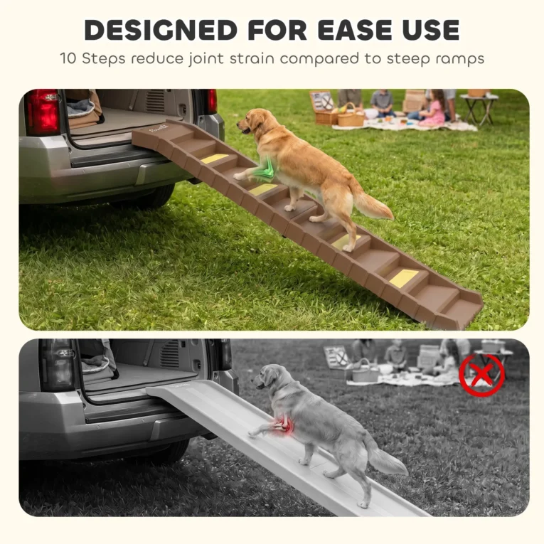 Folding Dog Access Ramp with Grip Strips – Brown, 154cm