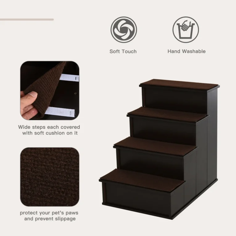 Four-Step Pet Stairs with Removable Tread Pads – Dark Brown