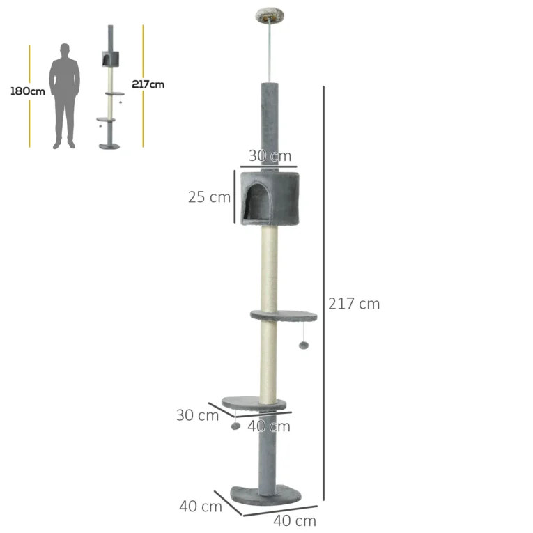 Ceiling-Fit Cat Tower with Den and Toy Balls – Light Grey, 225–255cm Ceiling-Fit Cat Tower with Den and Toy Balls – Light Grey, 225–255cm