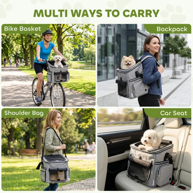 Soft Pet Bicycle Basket with Mesh Panels and Bowl – Light Grey