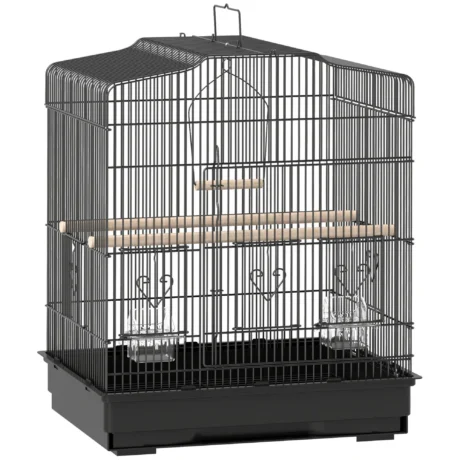Metal Bird Cage with Perches, Bowls and Swing &ndash; Black, 59cm High