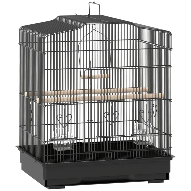 Metal Bird Cage with Perches, Bowls and Swing – Black, 59cm High Metal Bird Cage with Perches, Bowls and Swing – Black, 59cm High