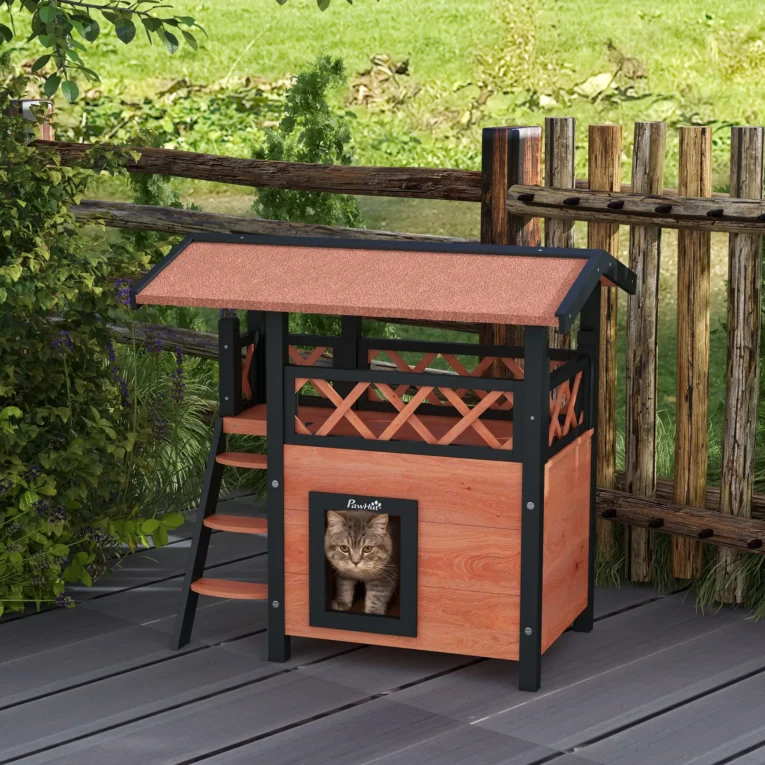 Outdoor Wooden Cat House with Balcony and Steps – Brown