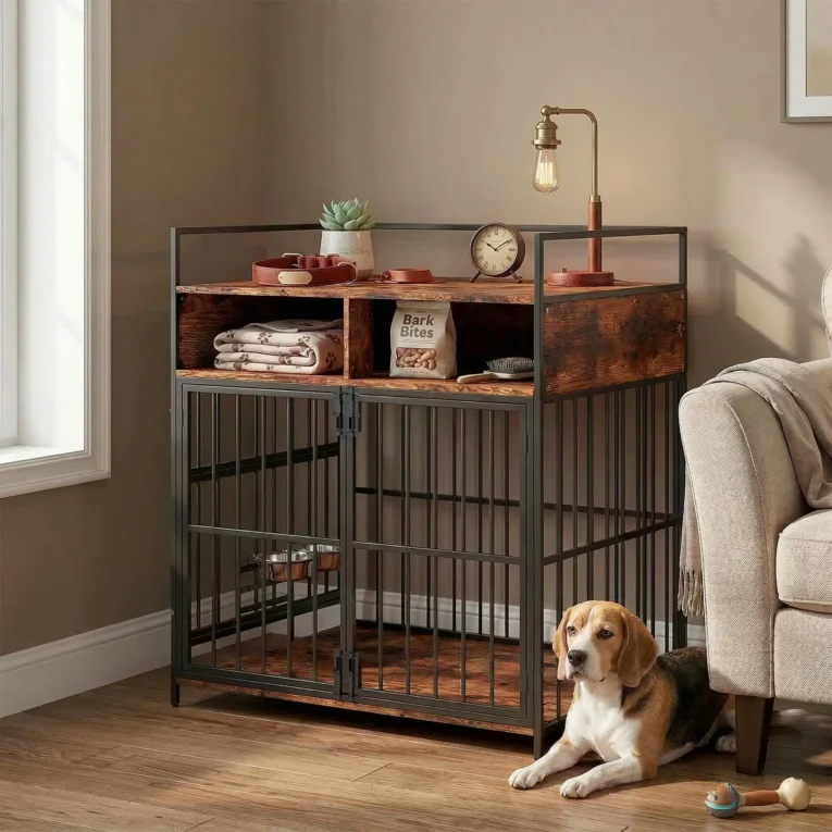 Dog Crate Table with Shelves and Rotating Bowls – Rustic Brown Dog Crate Table with Shelves and Rotating Bowls – Rustic Brown