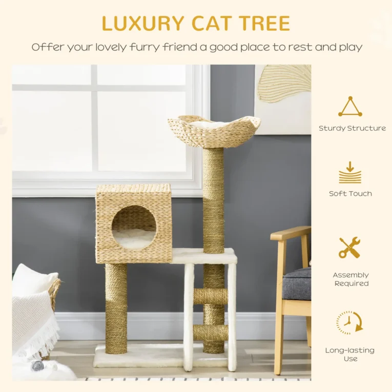 Natural-Finish Cat Tower with Den, Bed and Ladder – 100cm