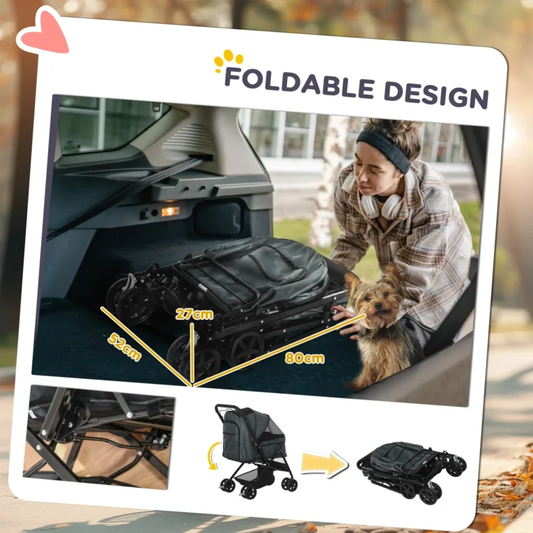 Folding Pet Stroller with Reversible Handle – Grey, 10kg
