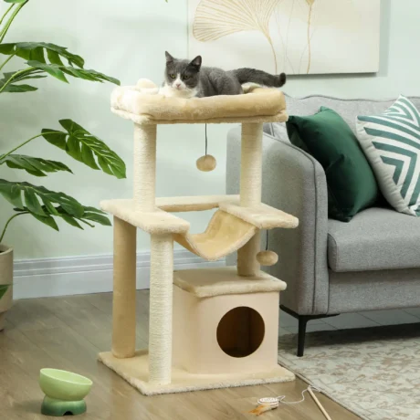 Cat Tower with Den, Hammock and Top Bed – Beige, 90cm