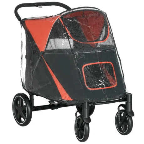 Folding Large Dog Stroller with Rain Cover – Red