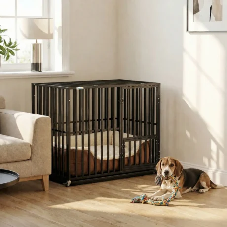 Steel Dog Crate with Wheels and Removable Tray – Black, 95cm