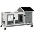 Wooden Rabbit Hutch with Tray and Wheels – Grey, 108cm