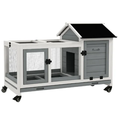 Wooden Rabbit Hutch with Tray and Wheels – Grey, 108cm