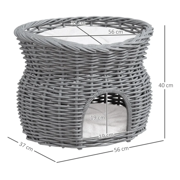 Two-Level Wicker Cat Bed with Cushions – Grey, 56cm