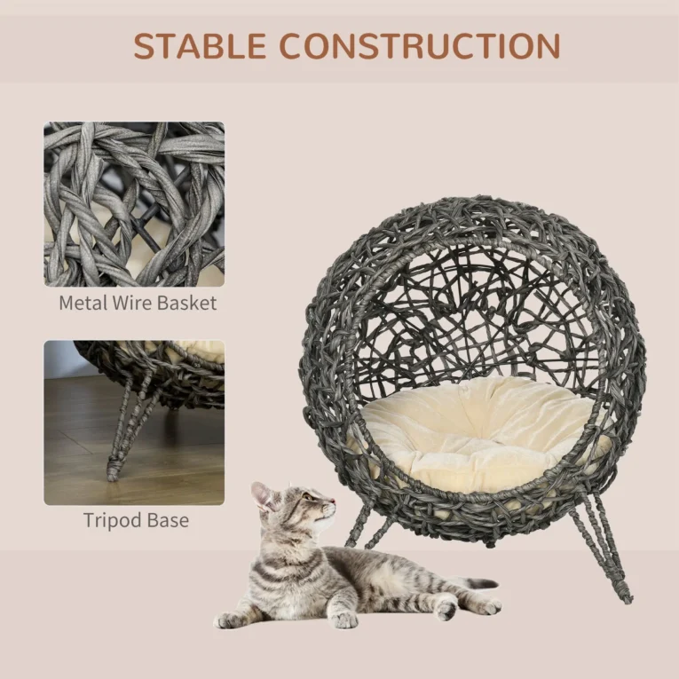 Raised Rattan-Style Cat Pod with Cushion – Silver and Grey