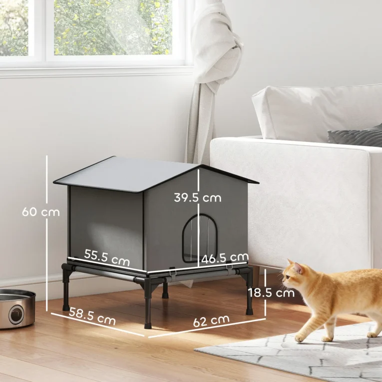 Raised Insulated Outdoor Cat House with Cushion – Grey, 62cm