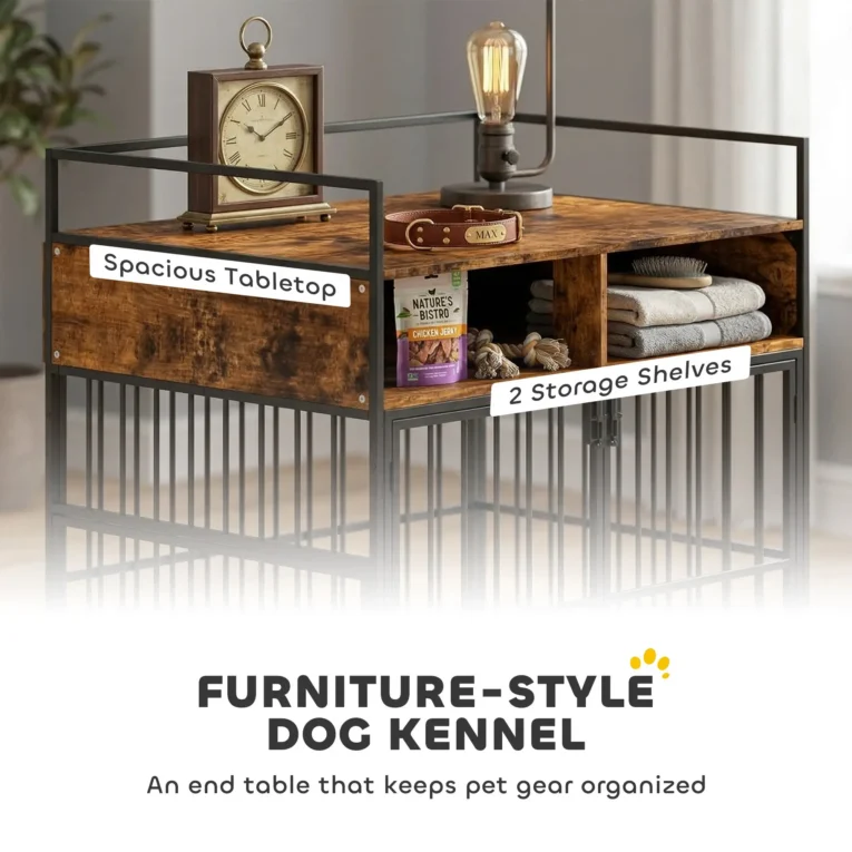 Dog Crate Table with Shelves and Rotating Bowls – Rustic Brown Dog Crate Table with Shelves and Rotating Bowls – Rustic Brown