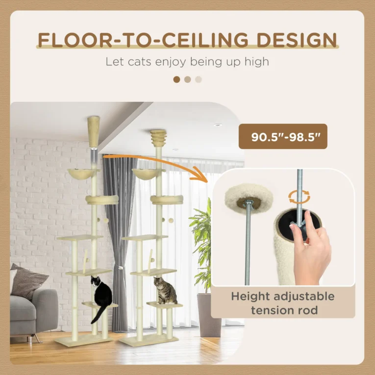 Floor-to-Ceiling Cat Climbing Tower with Hammock – Beige, 230–250cm