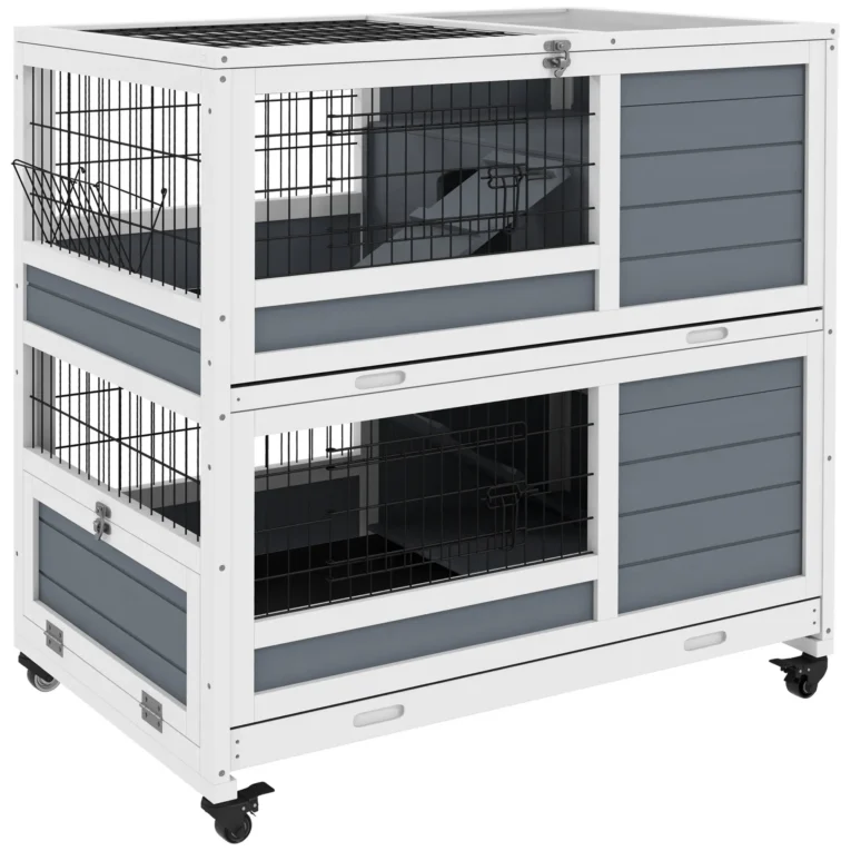 Wheeled Two-Level Rabbit Hutch – Grey and White