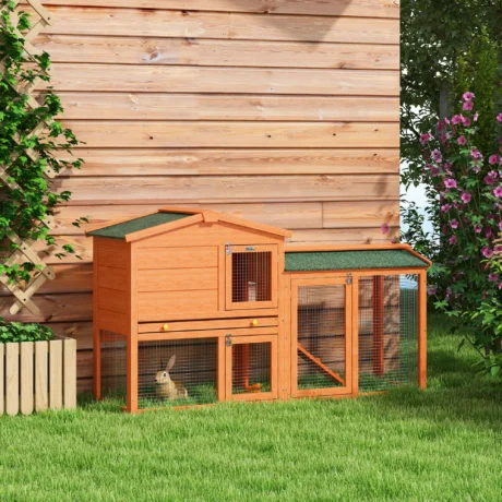 Two-Tier Wooden Rabbit Hutch with Run and Tray – Orange, 150cm