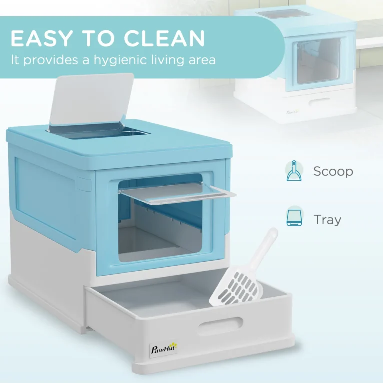 Folding Hooded Cat Litter Box with Scoop – Light Blue