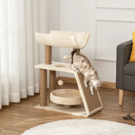 Cat Tower with Curved Perch and Scratch Pad – Light Brown