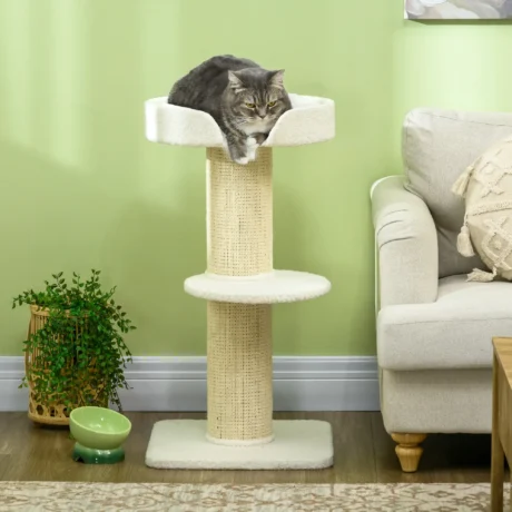 2-Tier Cat Tree with Basket Cushion Sisal Post &ndash; Cream White &ndash; product view 2