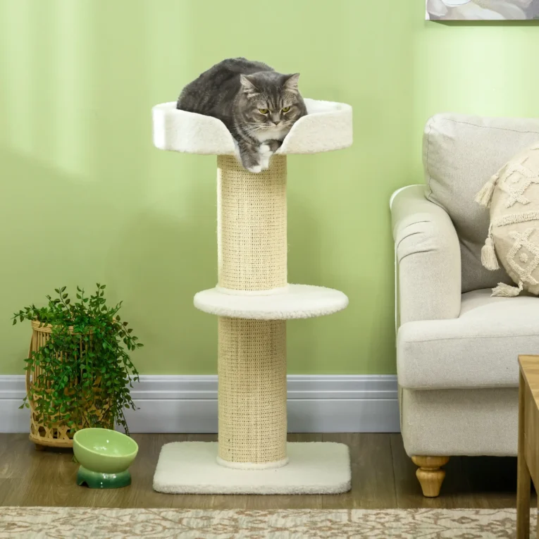 2-Tier Cat Tree with Basket Cushion Sisal Post – Cream White