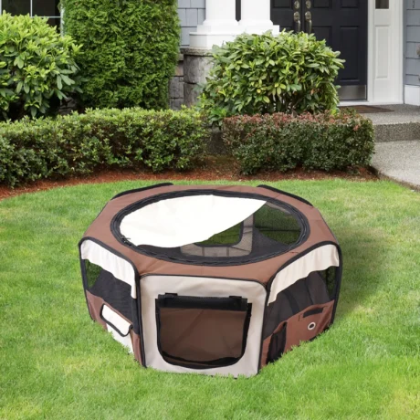 Folding Fabric Pet Playpen with Mesh Panels – Brown, 90cm