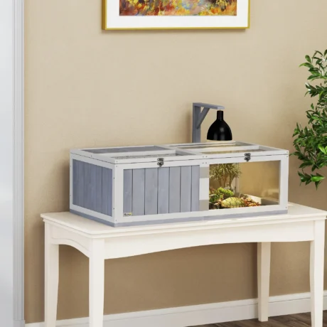 Wooden Tortoise House with Lamp Holder and Clear Panels – Grey