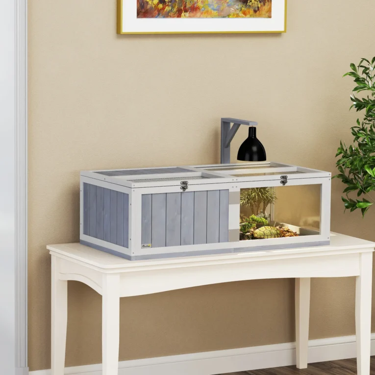 Wooden Tortoise House with Lamp Holder and Clear Panels – Grey Wooden Tortoise House with Lamp Holder and Clear Panels – Grey