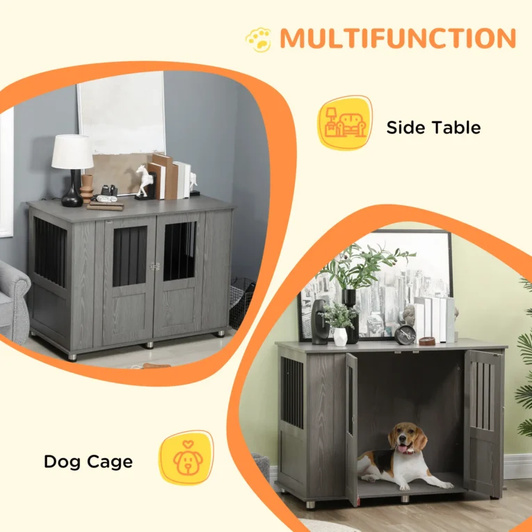 Furniture Dog Crate with Double Doors – Grey, 114cm