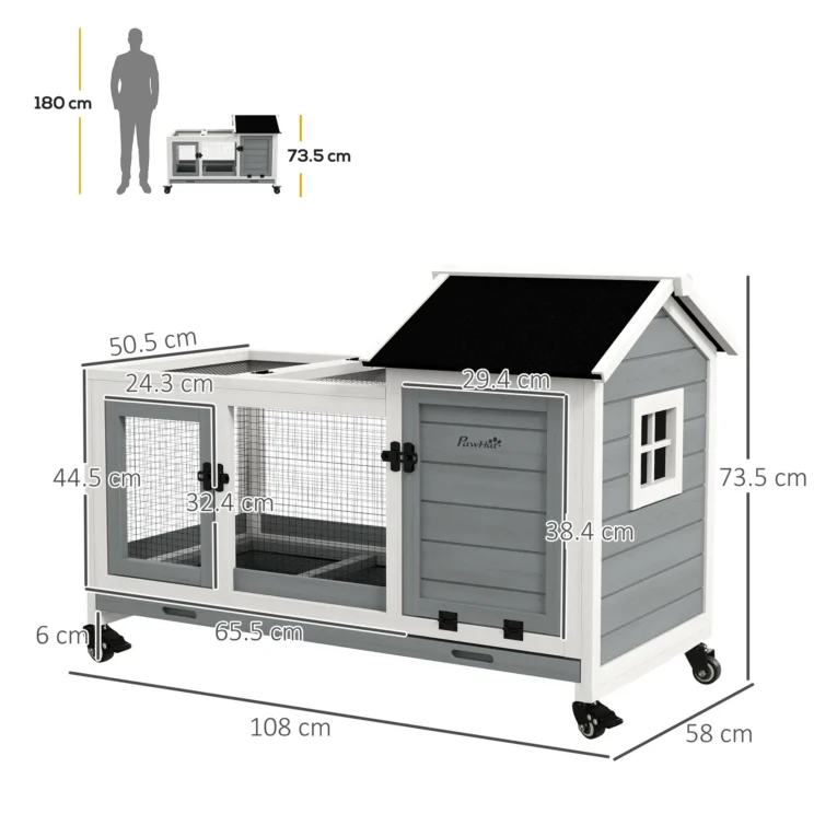 Wooden Rabbit Hutch with Tray and Wheels – Grey, 108cm