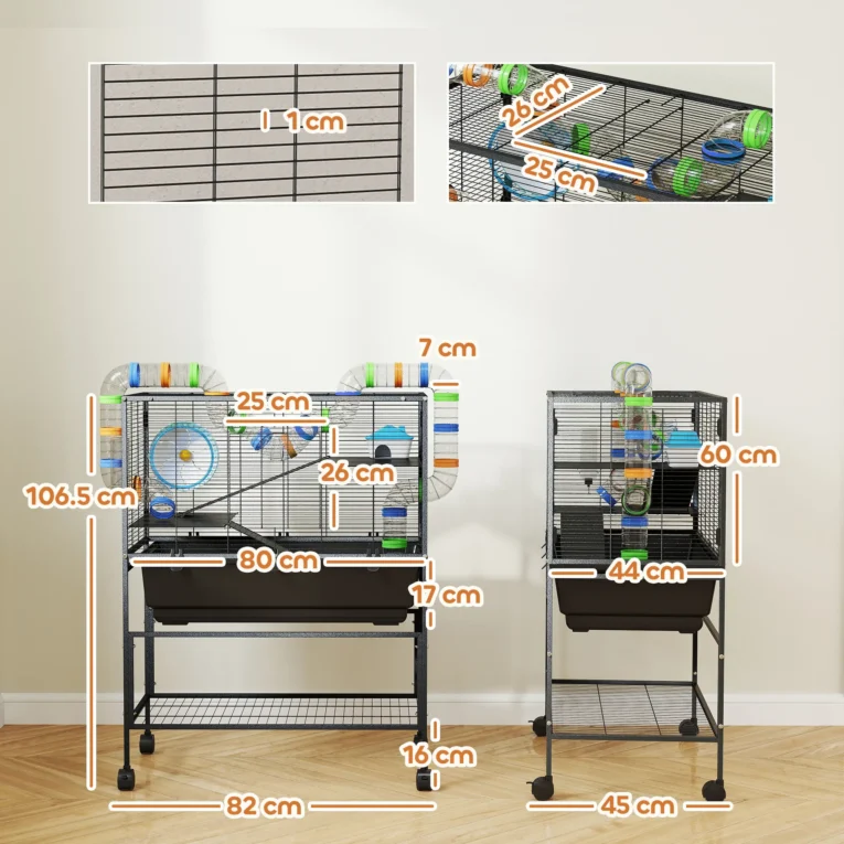 Three-Level Small-Animal Cage with Storage Shelf – Black, 106.5cm High