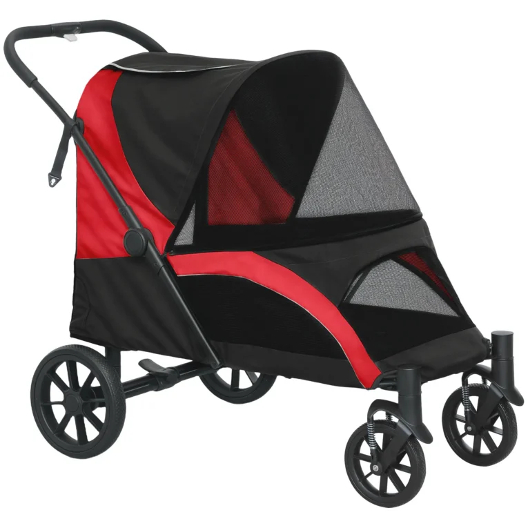 Large Four-Wheel Dog Stroller with Cushion – Red and Black, 30kg Large Four-Wheel Dog Stroller with Cushion – Red and Black, 30kg