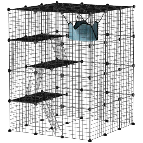 Modular Indoor Cat Enclosure with Ramps and Hammock &ndash; Black