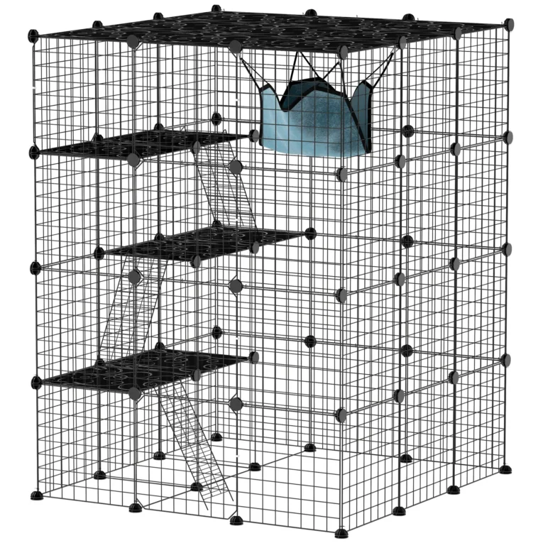 Modular Indoor Cat Enclosure with Ramps and Hammock – Black