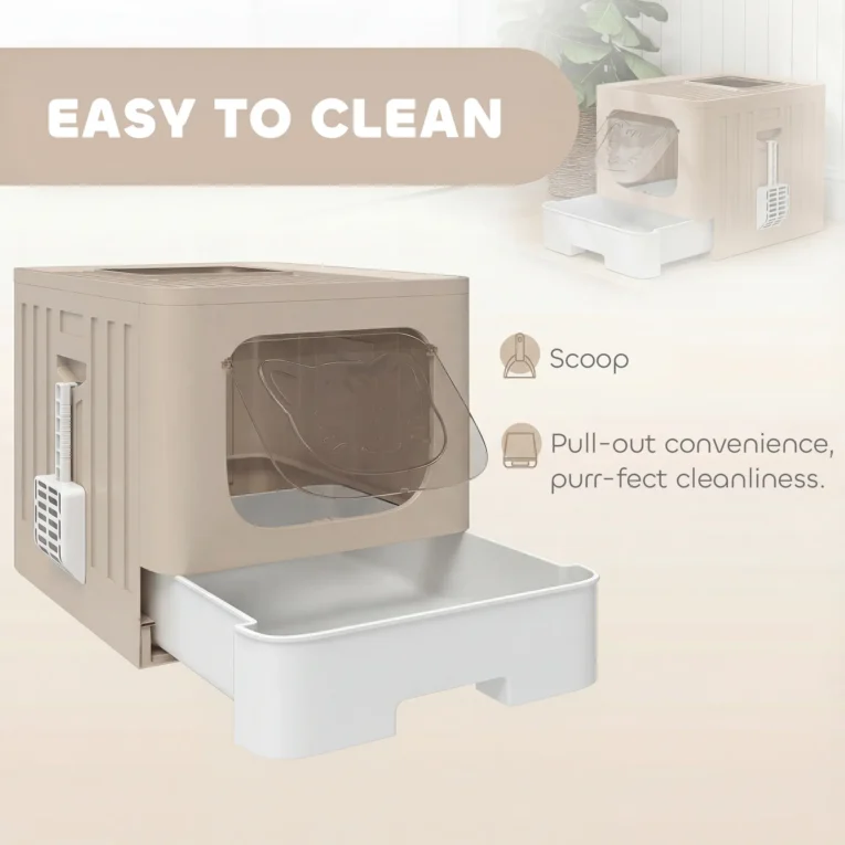Hooded Cat Litter Box with Pull-Out Drawer – Khaki, 48cm Hooded Cat Litter Box with Pull-Out Drawer – Khaki, 48cm