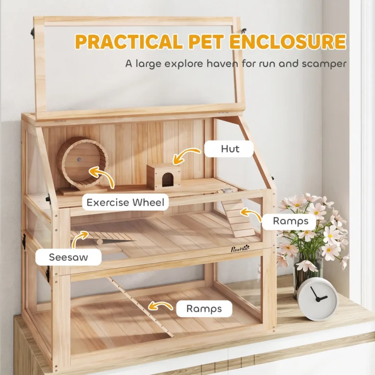 Wooden Hamster Cage with Deep Base and Wheel – Natural, 80cm Wooden Hamster Cage with Deep Base and Wheel – Natural, 80cm