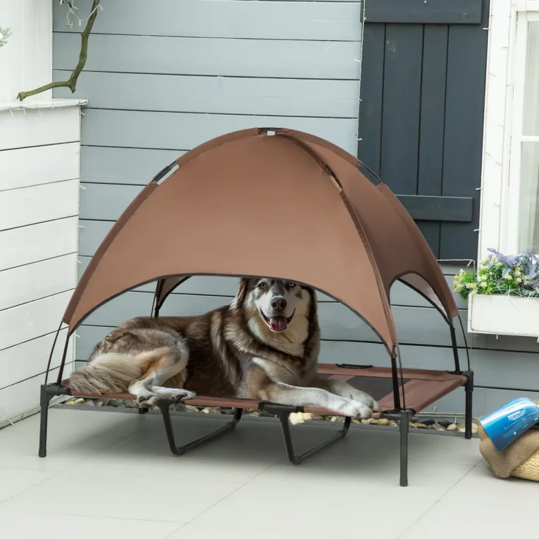 Raised Dog Bed with Canopy – Brown, 122 × 92cm