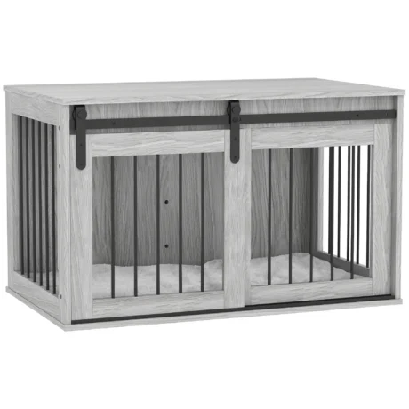 Sliding-Door Dog Crate Side Table with Cushion – Grey, 98cm