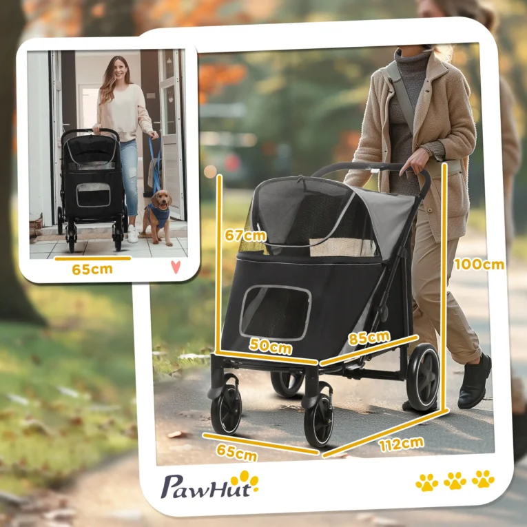 Folding Dog Stroller with Large Cabin – Grey and Black, 30kg